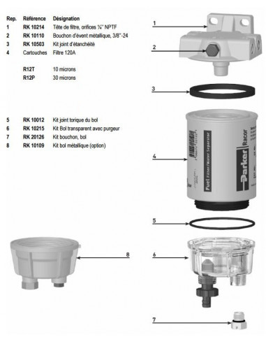 120AS Préfiltre diesel séparateur décanteur eau carburant 2 microns RACOR PARKER RAC120AS filtration cartouche R12S